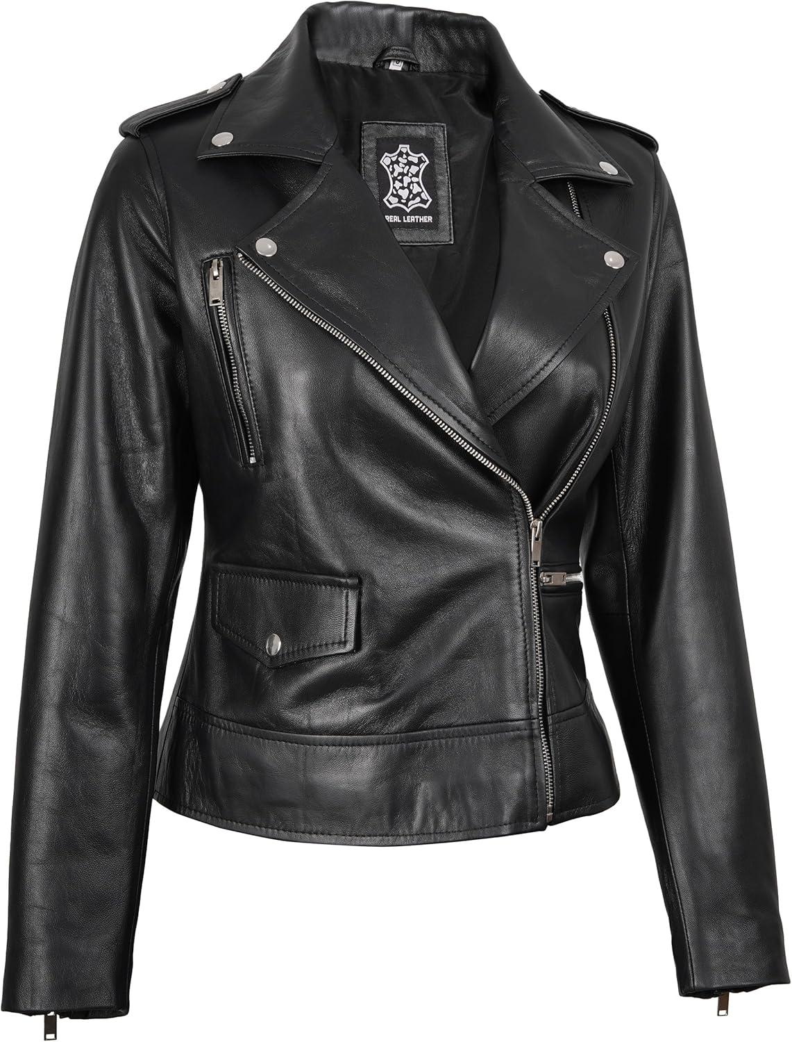 imageDecrum Womens Leather Jacket Asymmetrical Style Casual Leather Jackets for WomenAmber Black Leather Jacket