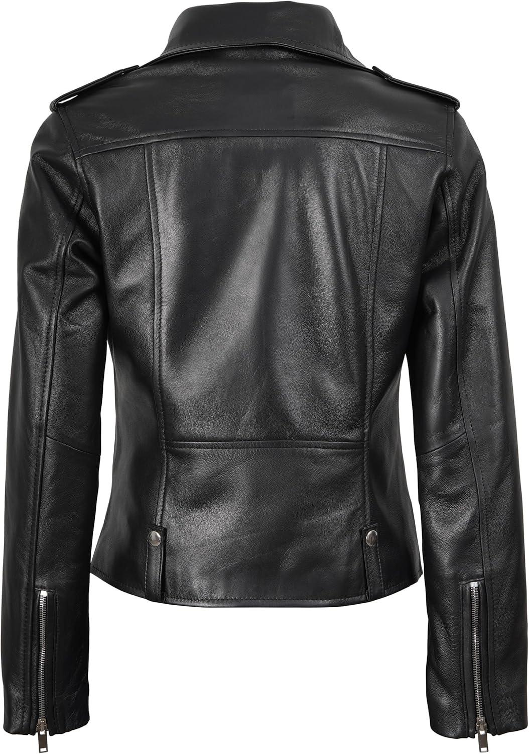 imageDecrum Womens Leather Jacket Asymmetrical Style Casual Leather Jackets for WomenAmber Black Leather Jacket