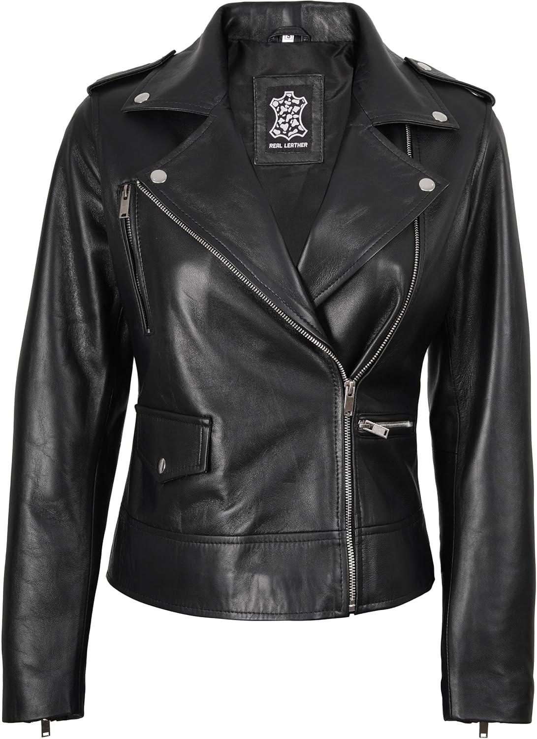 imageDecrum Womens Leather Jacket Asymmetrical Style Casual Leather Jackets for WomenAmber Black Leather Jacket