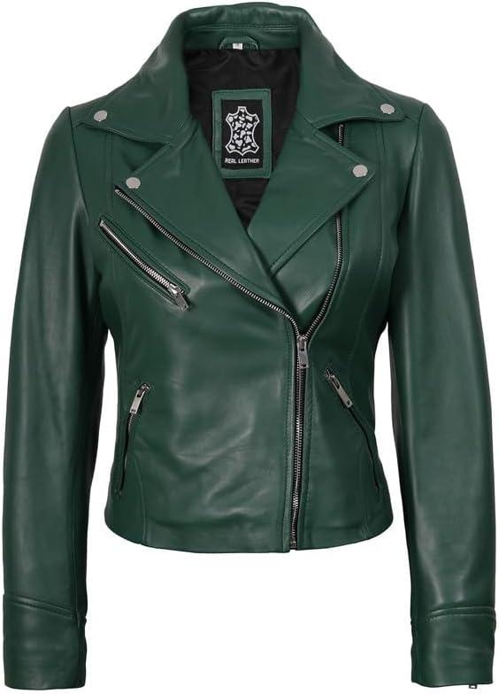 imageDecrum Womens Leather Jacket Asymmetrical Style Casual Leather Jackets for WomenGreen Ninfa Womens Leather Jacket