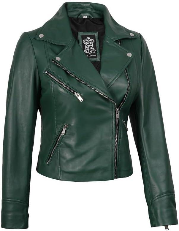 imageDecrum Womens Leather Jacket Asymmetrical Style Casual Leather Jackets for WomenGreen Ninfa Womens Leather Jacket