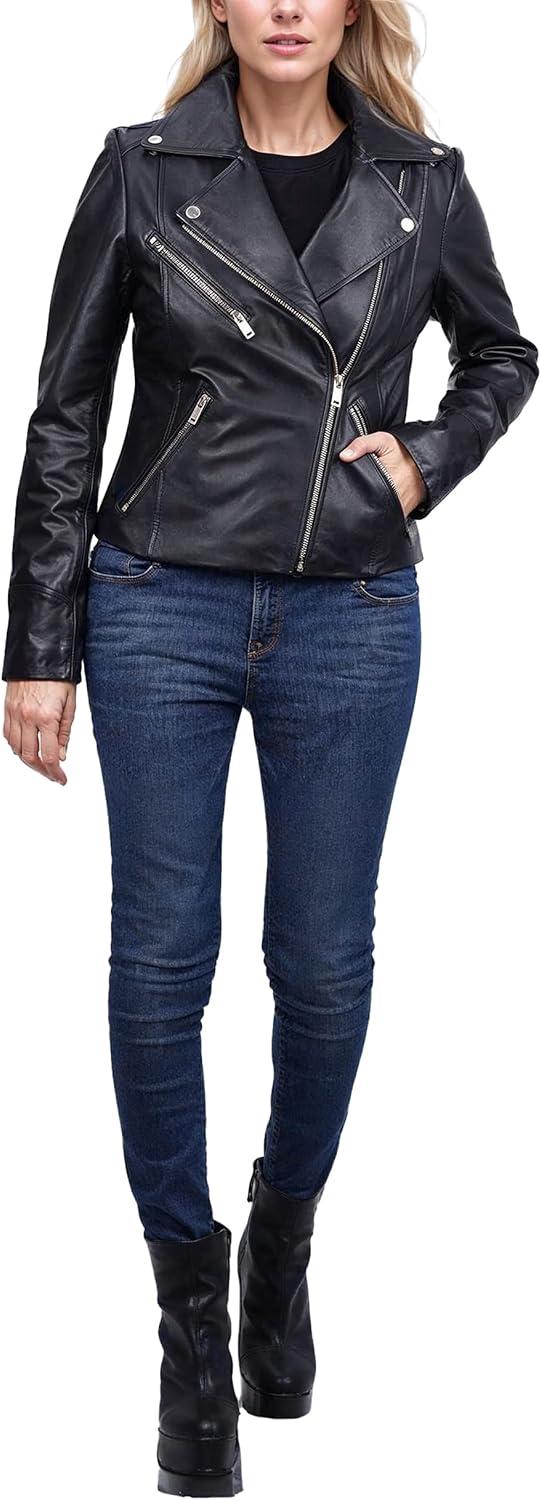 imageDecrum Womens Leather Jacket Asymmetrical Style Casual Leather Jackets for WomenNinfa Black Leather Jacket