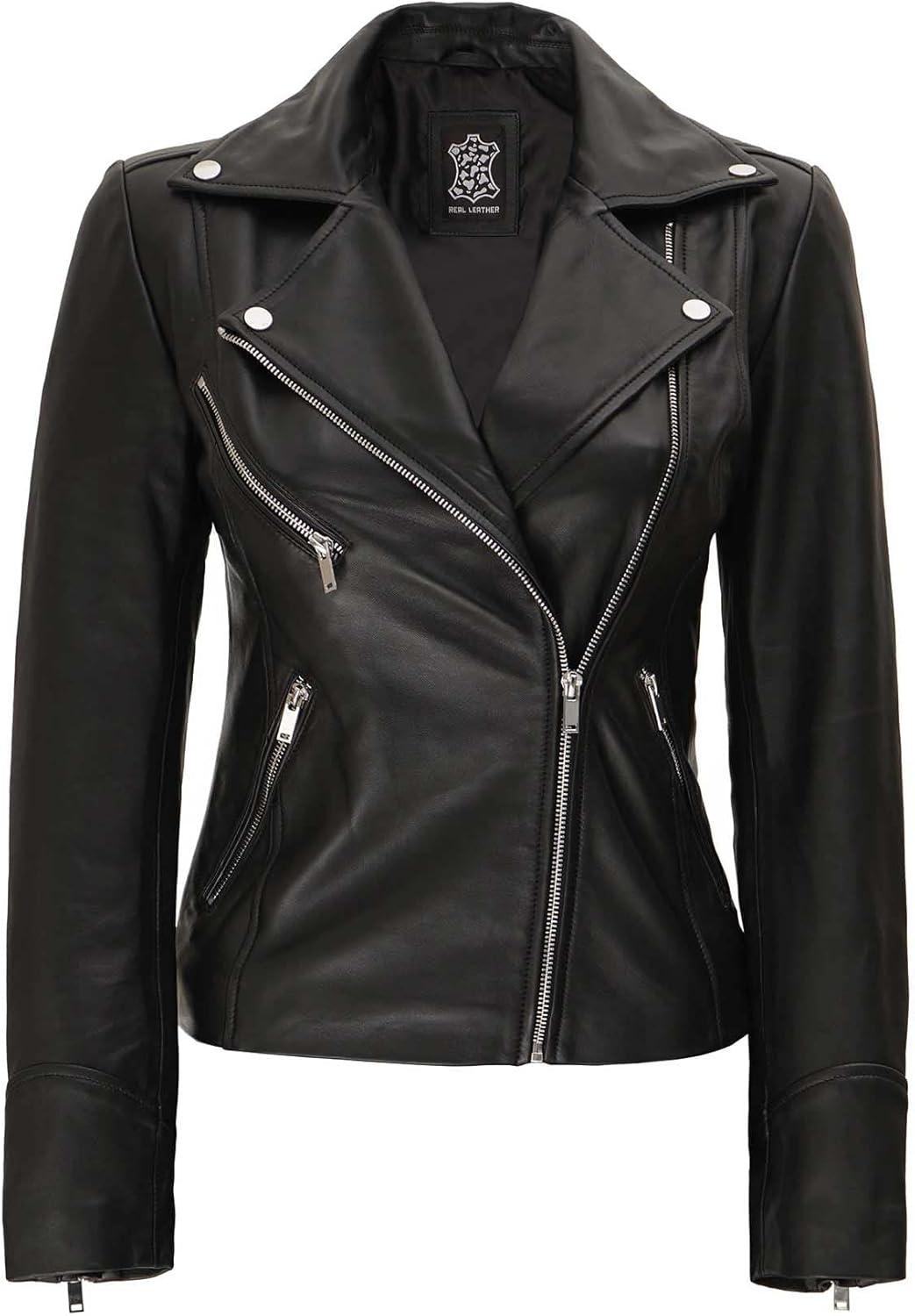 imageDecrum Womens Leather Jacket Asymmetrical Style Casual Leather Jackets for WomenNinfa Black Leather Jacket