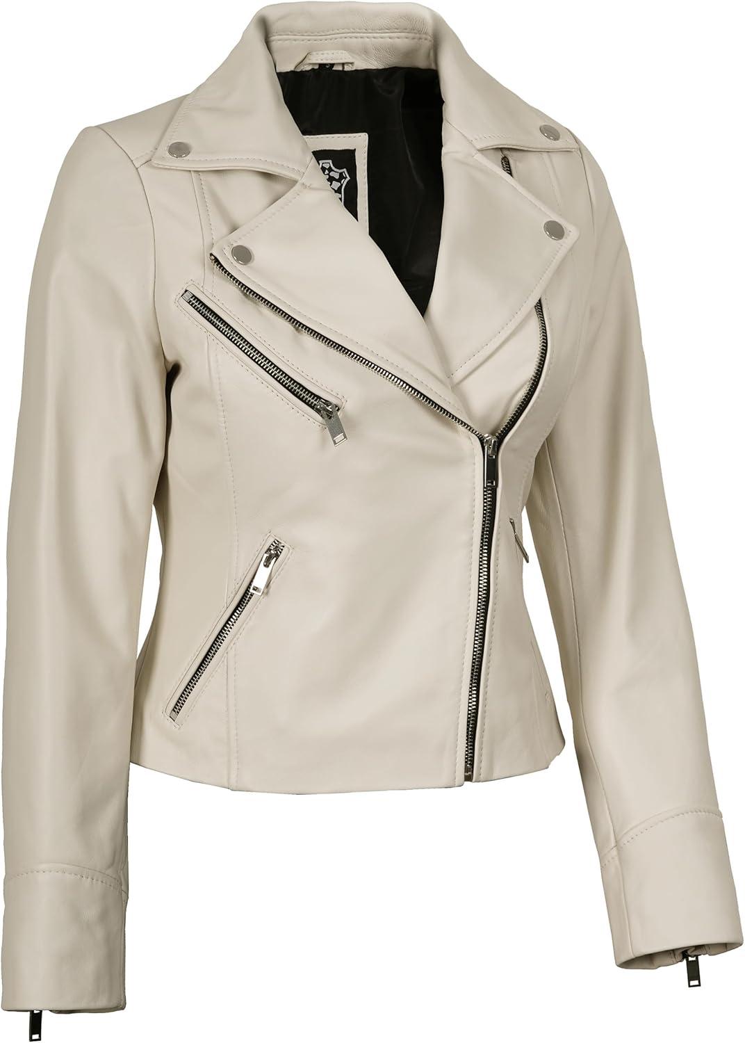 imageDecrum Womens Leather Jacket Asymmetrical Style Casual Leather Jackets for WomenOff White Ninfa Womens Leather Jacket