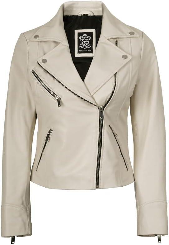 imageDecrum Womens Leather Jacket Asymmetrical Style Casual Leather Jackets for WomenOff White Ninfa Womens Leather Jacket