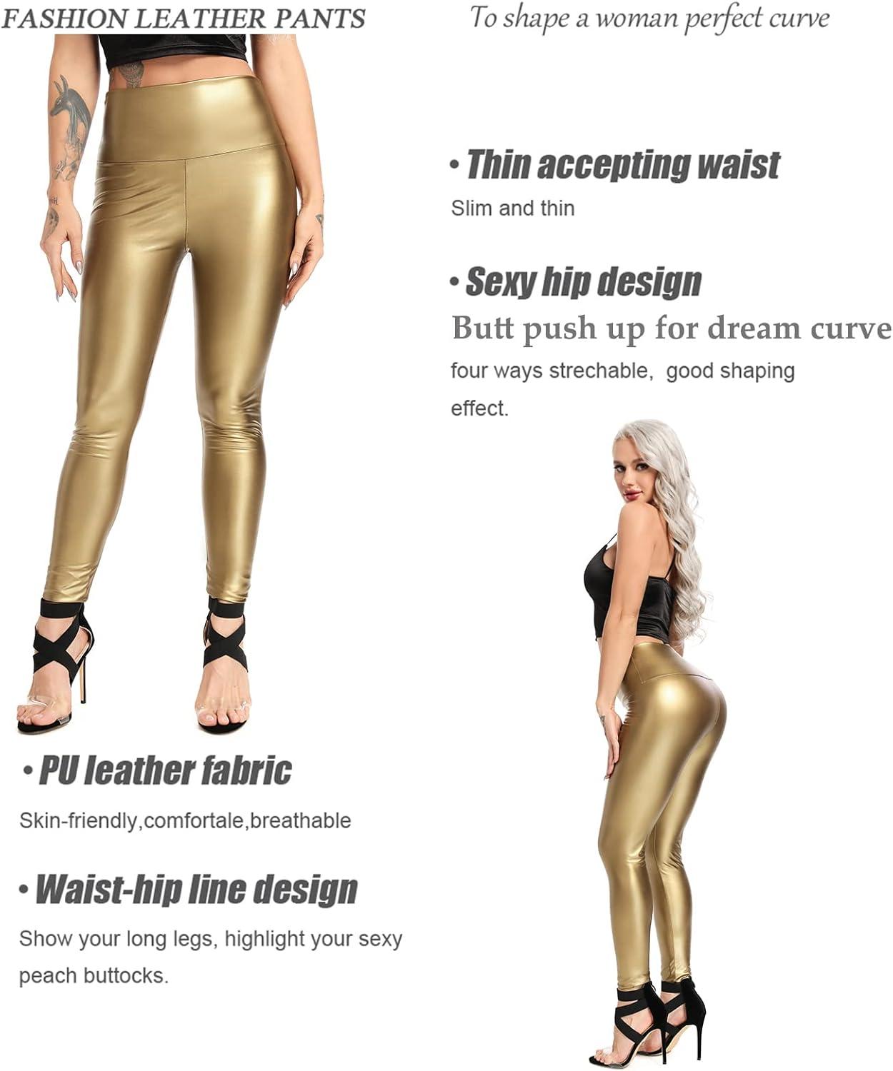 imageFITTOO Womens Faux Leather Pants High Waisted Pu Leggings Stretchy Black Tights5 Gold