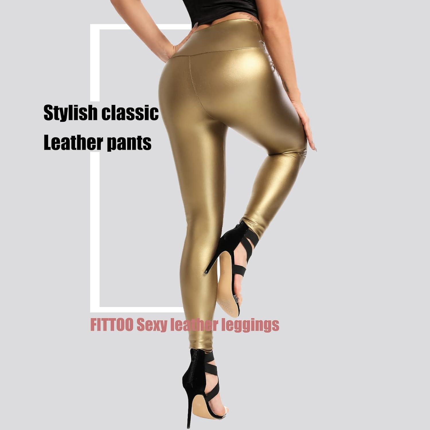 imageFITTOO Womens Faux Leather Pants High Waisted Pu Leggings Stretchy Black Tights5 Gold