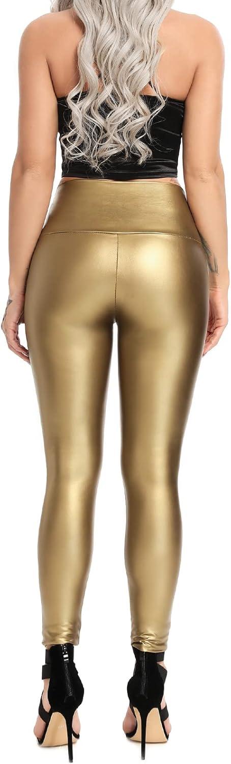 imageFITTOO Womens Faux Leather Pants High Waisted Pu Leggings Stretchy Black Tights5 Gold