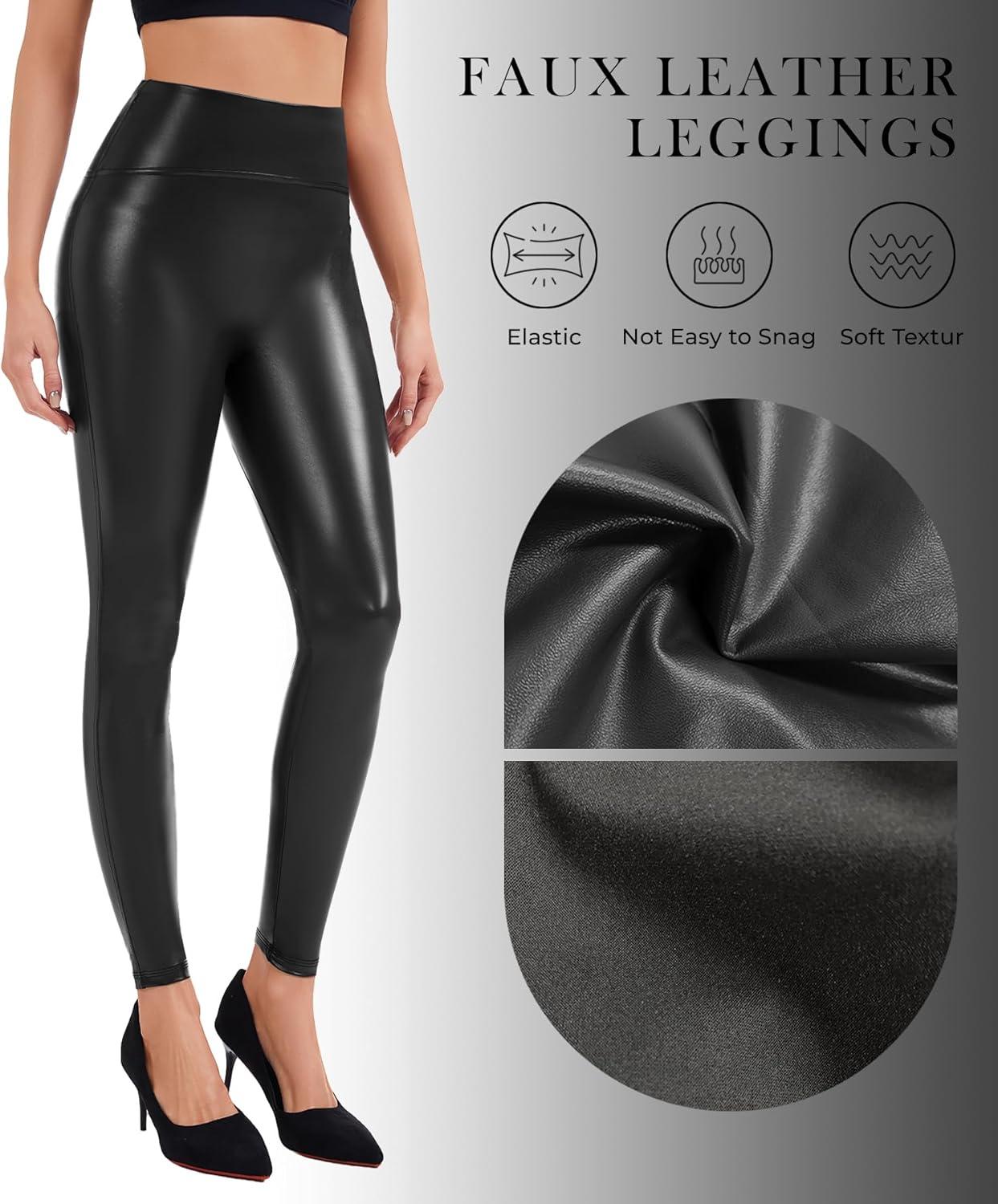 imageFaux Leather Leggings for Women Tummy Control High Waist Stretch PU Tights Slim Leather Pants Ankle Length Pants Black