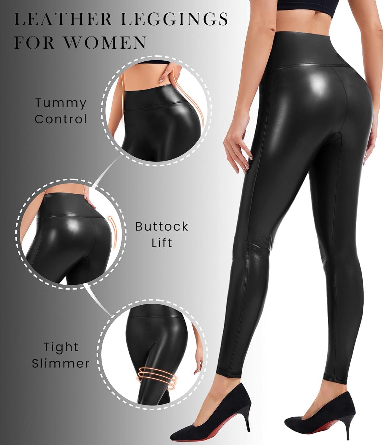 imageFaux Leather Leggings for Women Tummy Control High Waist Stretch PU Tights Slim Leather Pants Ankle Length Pants Black