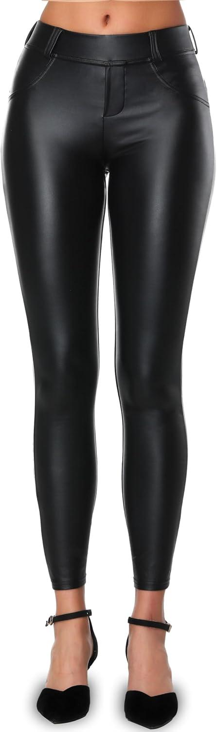 imageFaux Leather PU Elastic Shaping Hip Push Up Pants Black Thick Sexy Leggings for WomenBlack