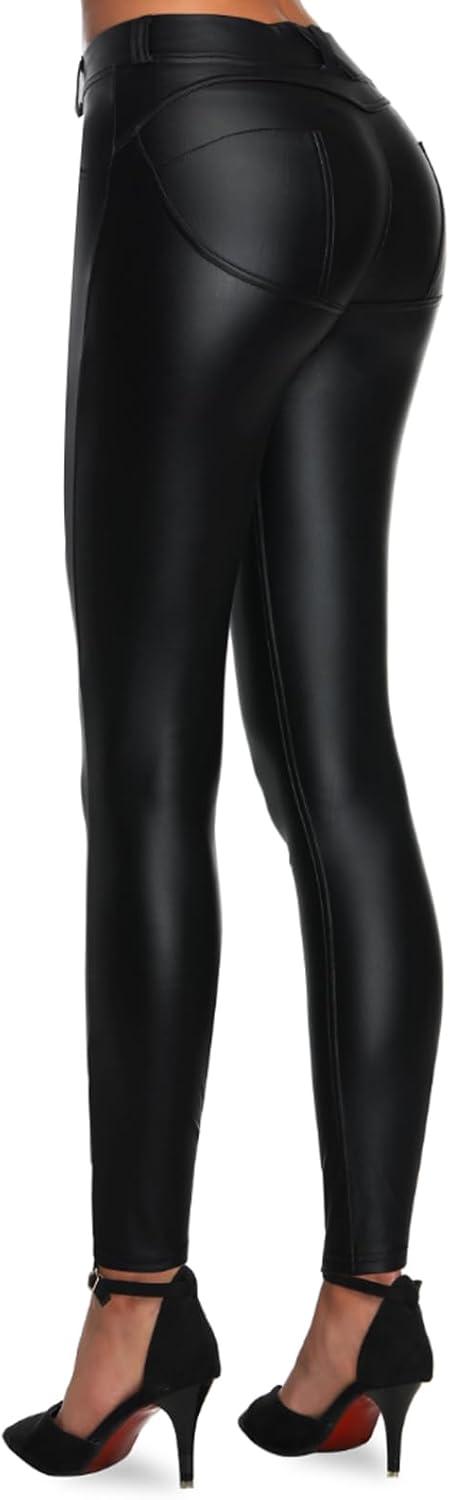 imageFaux Leather PU Elastic Shaping Hip Push Up Pants Black Thick Sexy Leggings for WomenBlack