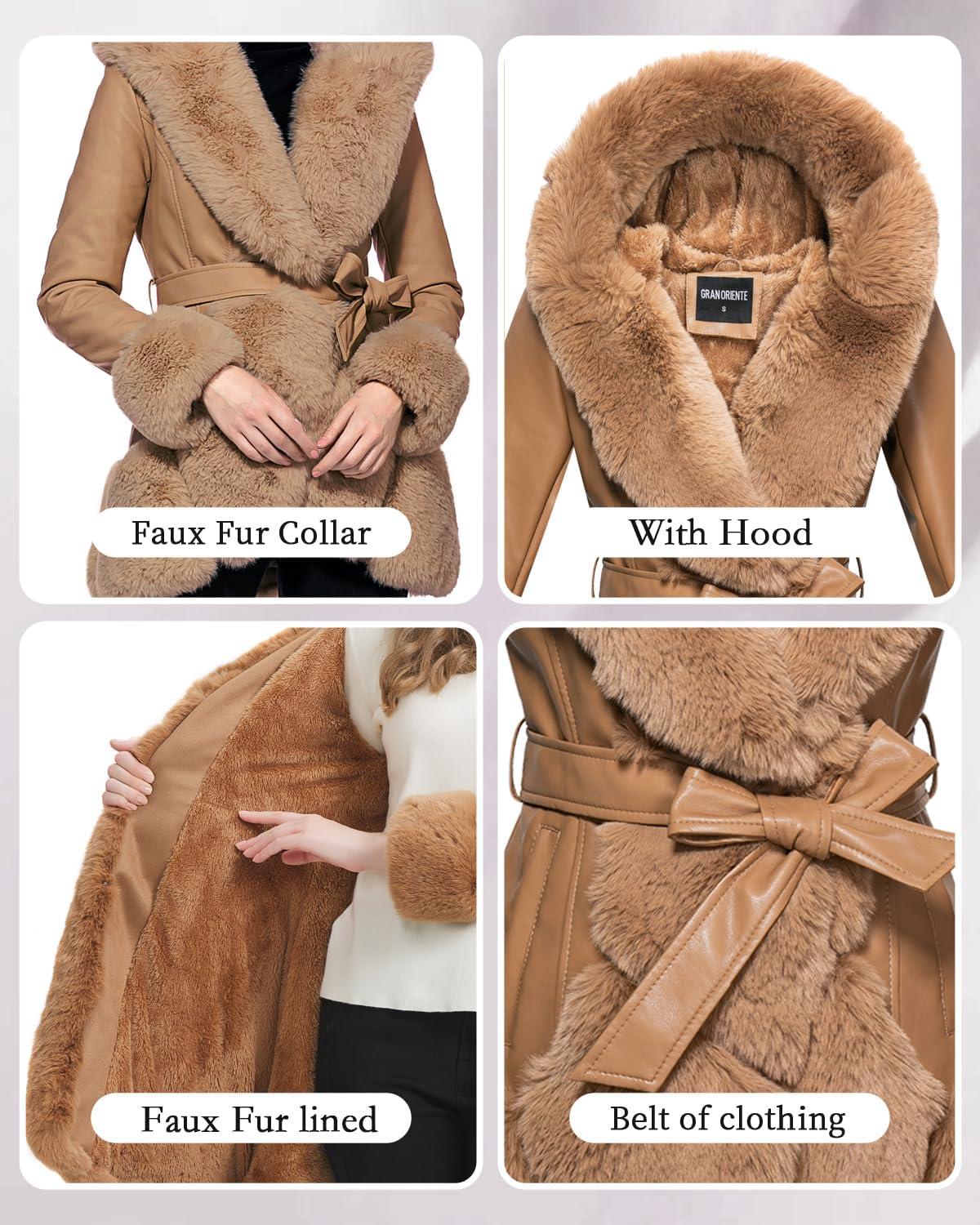 imageGRAN ORIENTE Womens Faux Leather Coat with Faux Fur CollarWinter Warm Belted Mid Length Trim Jacket Fur Lined with HoodA Light Camel