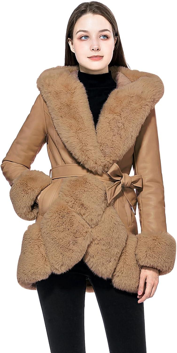 imageGRAN ORIENTE Womens Faux Leather Coat with Faux Fur CollarWinter Warm Belted Mid Length Trim Jacket Fur Lined with HoodA Light Camel