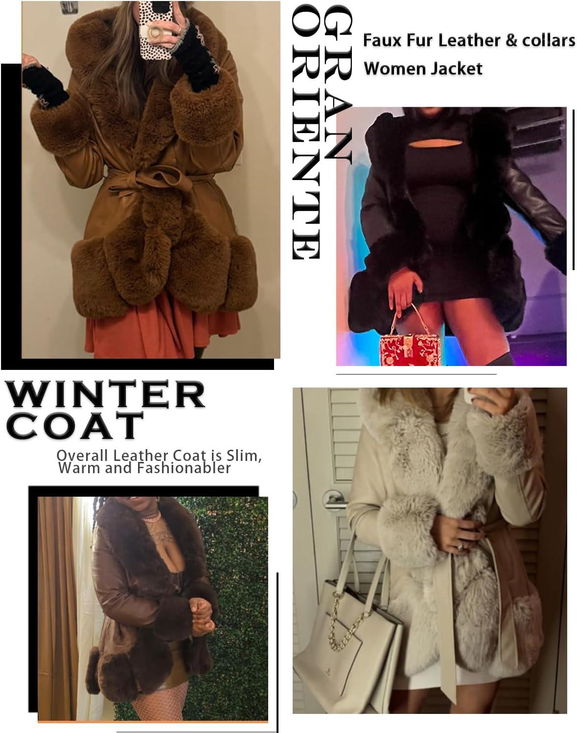 imageGRAN ORIENTE Womens Faux Leather Coat with Faux Fur CollarWinter Warm Belted Mid Length Trim Jacket Fur Lined with HoodA Light Camel