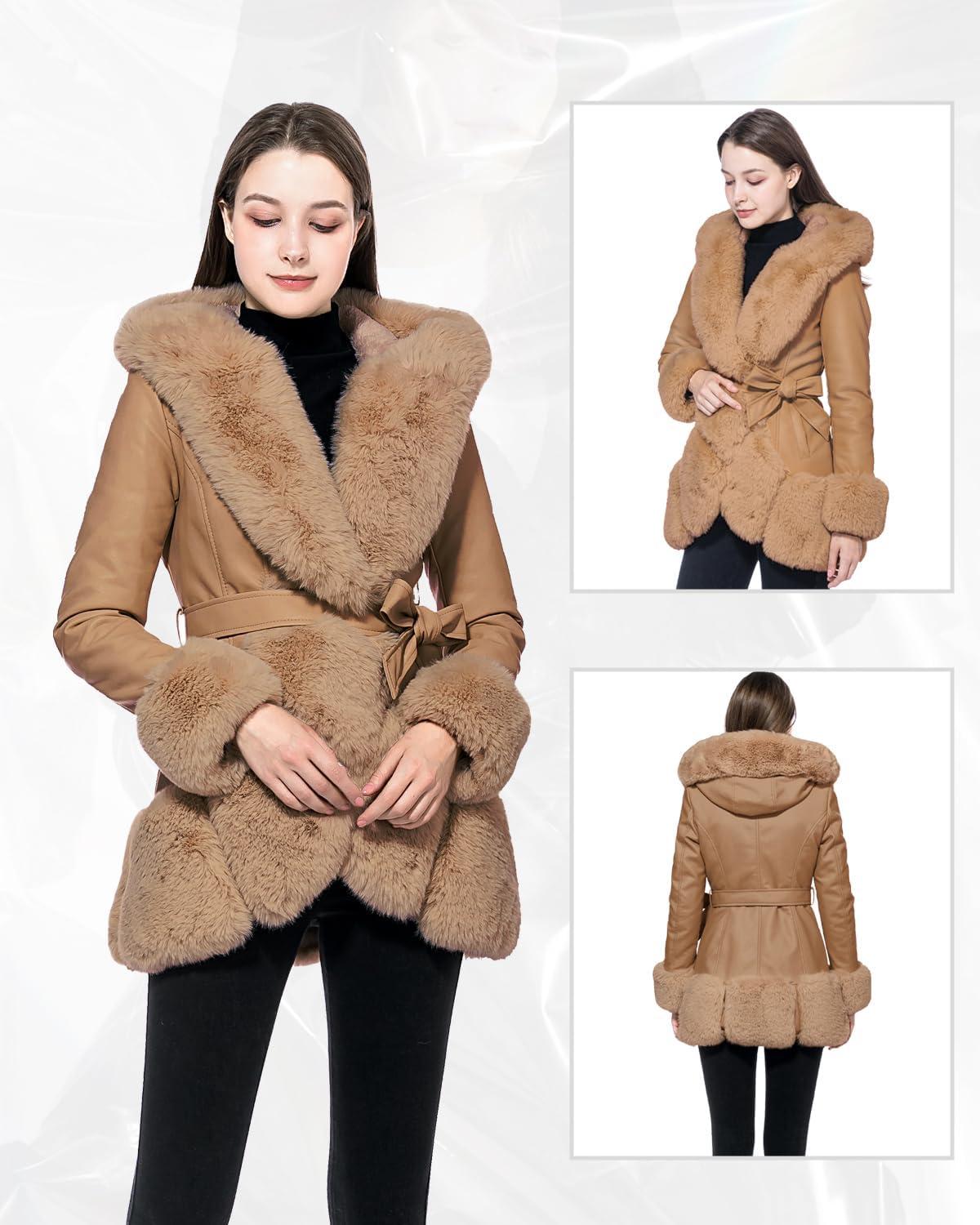imageGRAN ORIENTE Womens Faux Leather Coat with Faux Fur CollarWinter Warm Belted Mid Length Trim Jacket Fur Lined with HoodA Light Camel