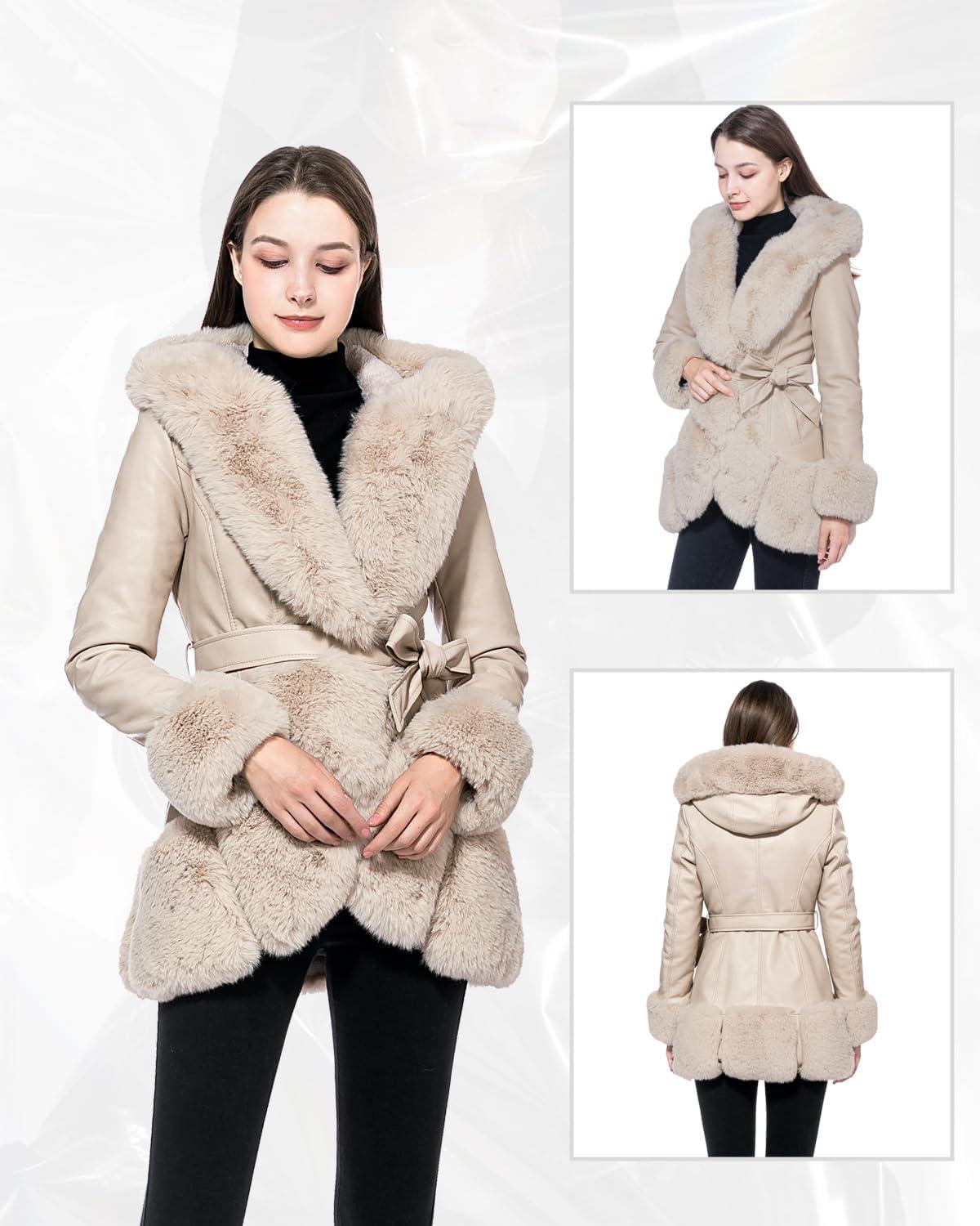 imageGRAN ORIENTE Womens Faux Leather Coat with Faux Fur CollarWinter Warm Belted Mid Length Trim Jacket Fur Lined with HoodApricot