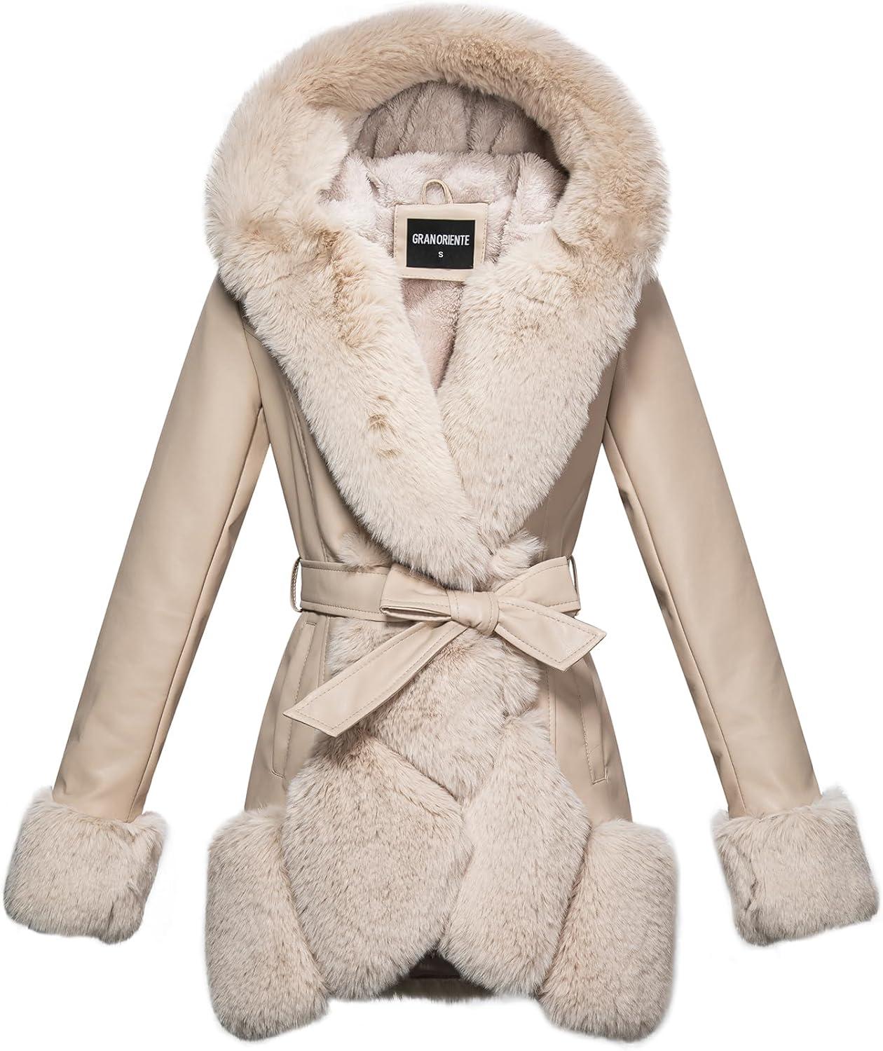 imageGRAN ORIENTE Womens Faux Leather Coat with Faux Fur CollarWinter Warm Belted Mid Length Trim Jacket Fur Lined with HoodApricot