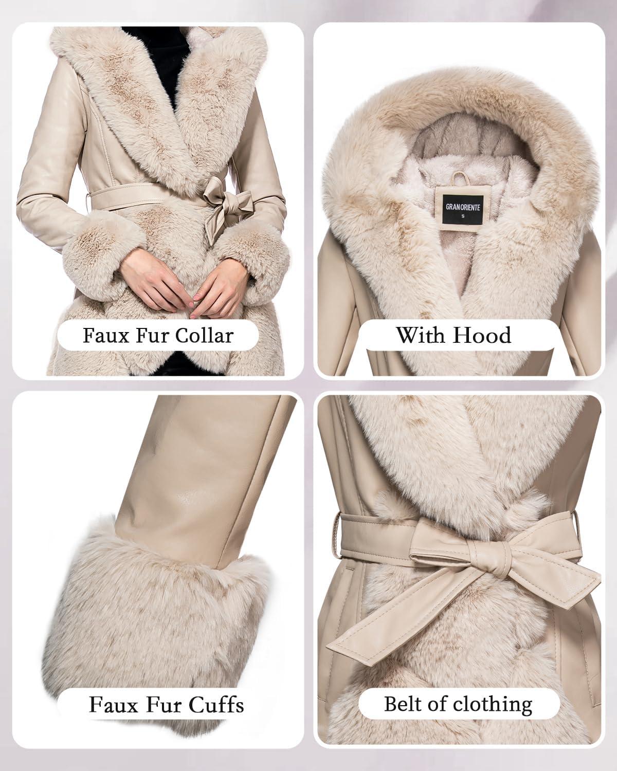 imageGRAN ORIENTE Womens Faux Leather Coat with Faux Fur CollarWinter Warm Belted Mid Length Trim Jacket Fur Lined with HoodApricot