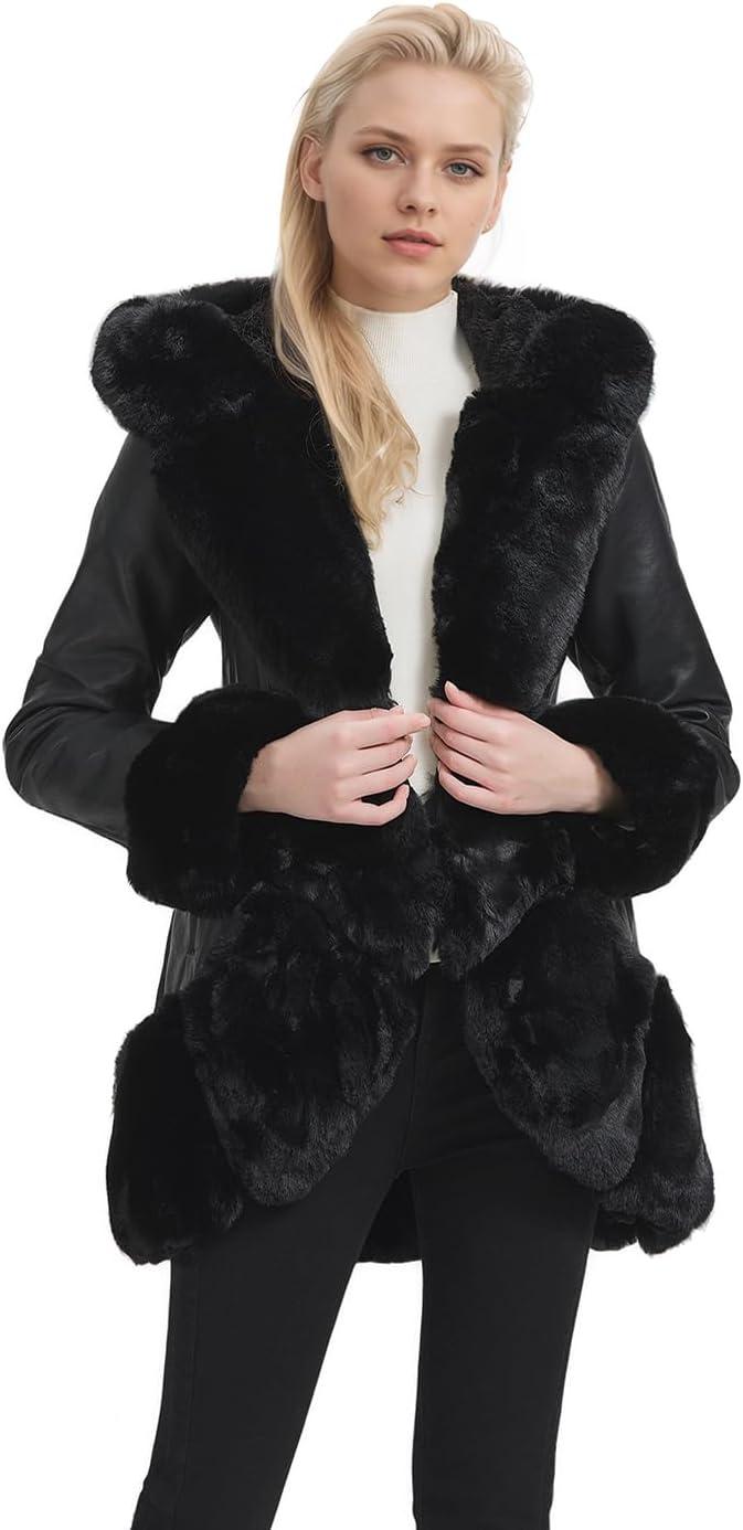 imageGRAN ORIENTE Womens Faux Leather Coat with Faux Fur CollarWinter Warm Belted Mid Length Trim Jacket Fur Lined with HoodBlack
