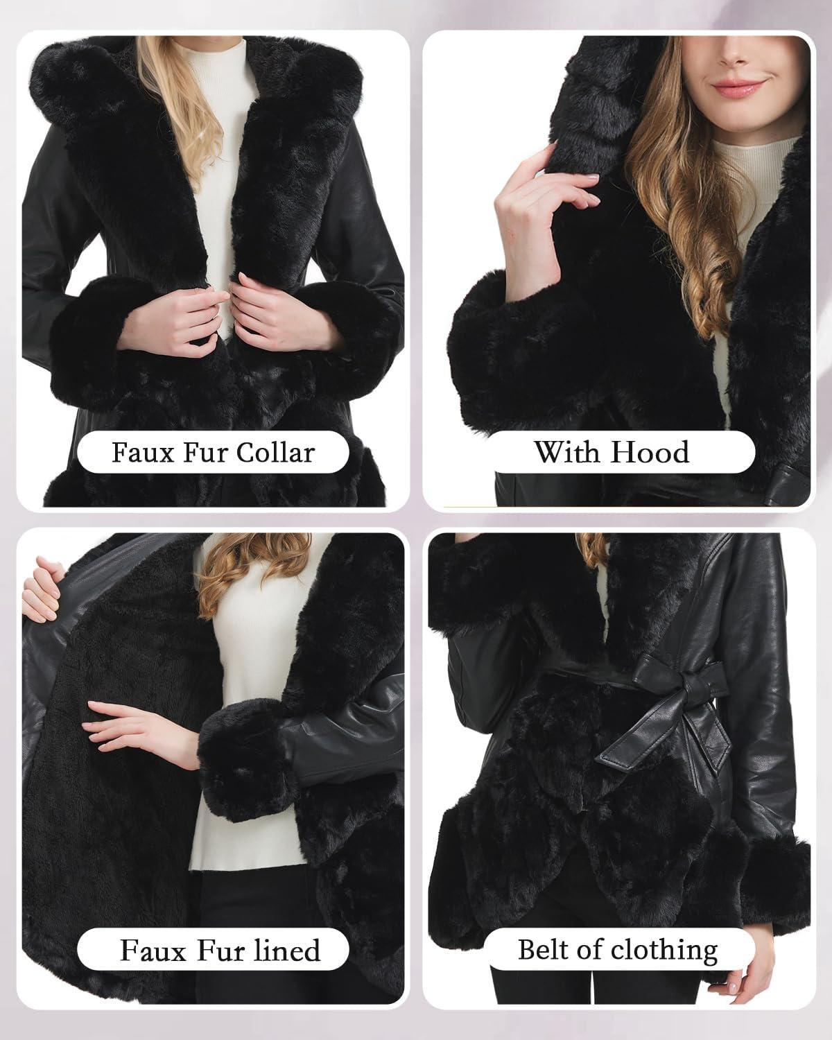 imageGRAN ORIENTE Womens Faux Leather Coat with Faux Fur CollarWinter Warm Belted Mid Length Trim Jacket Fur Lined with HoodBlack