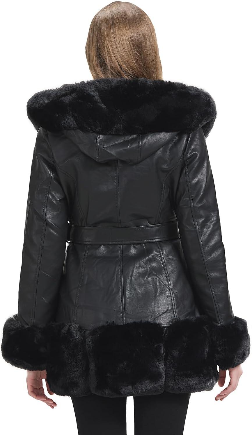 imageGRAN ORIENTE Womens Faux Leather Coat with Faux Fur CollarWinter Warm Belted Mid Length Trim Jacket Fur Lined with HoodBlack