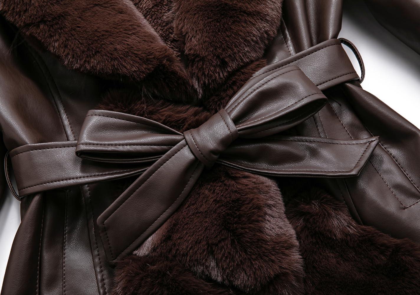 imageGRAN ORIENTE Womens Faux Leather Coat with Faux Fur CollarWinter Warm Belted Mid Length Trim Jacket Fur Lined with HoodBrown