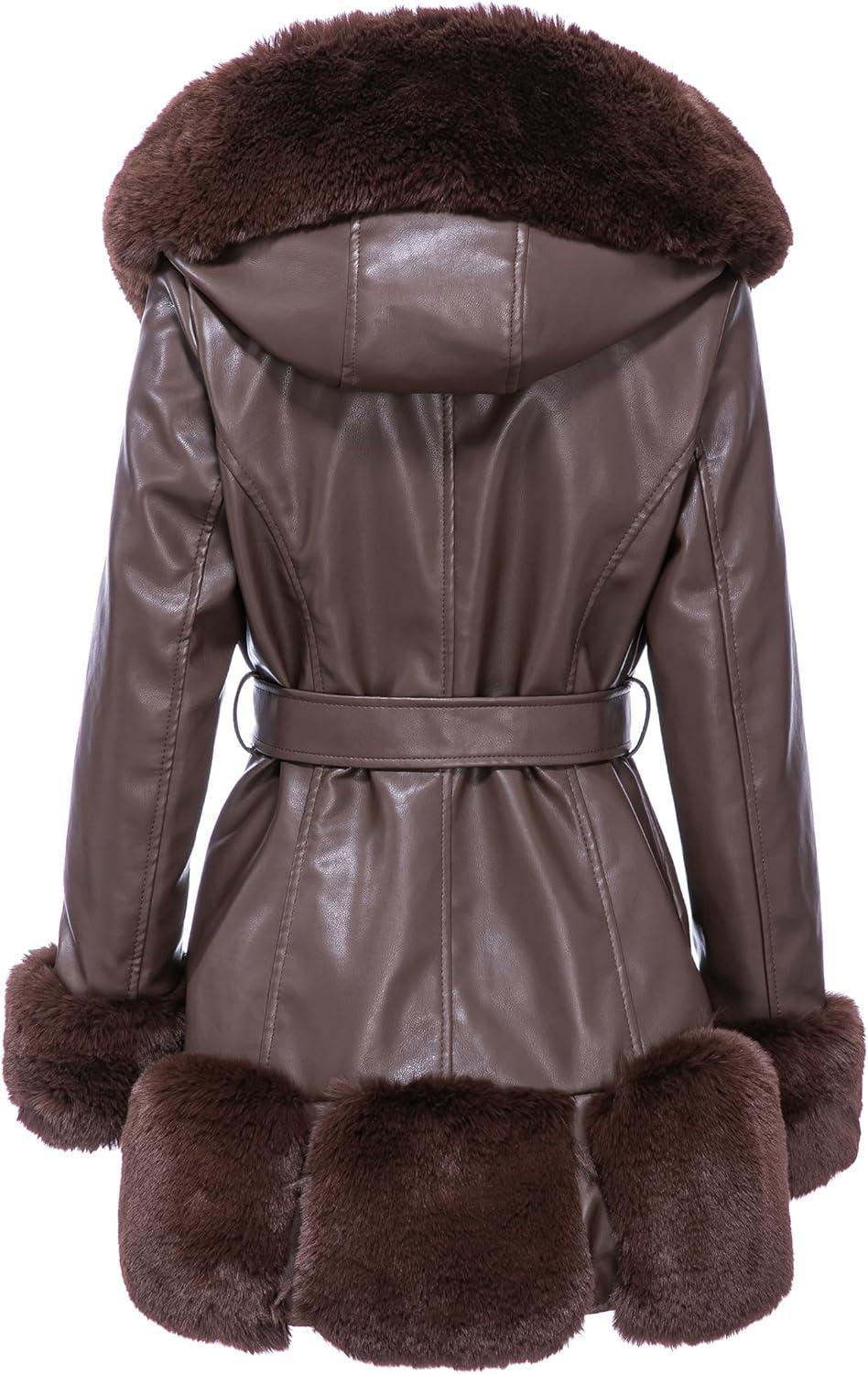 imageGRAN ORIENTE Womens Faux Leather Coat with Faux Fur CollarWinter Warm Belted Mid Length Trim Jacket Fur Lined with HoodBrown