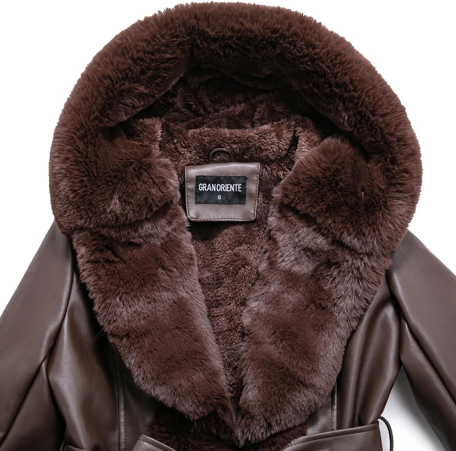 imageGRAN ORIENTE Womens Faux Leather Coat with Faux Fur CollarWinter Warm Belted Mid Length Trim Jacket Fur Lined with HoodBrown