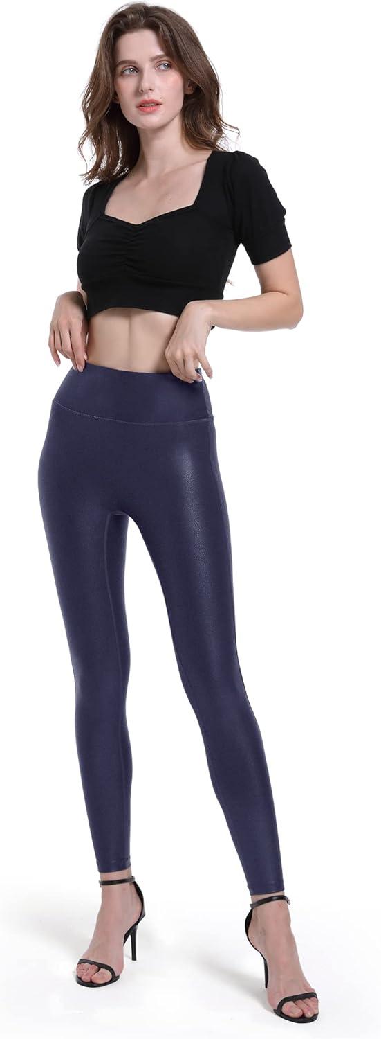 imageHARTPOR Womens Faux Leather Leggings Stretch High Waisted Shiny Leggings Leather Pants Pleather Leggings Yoga PantsNavy