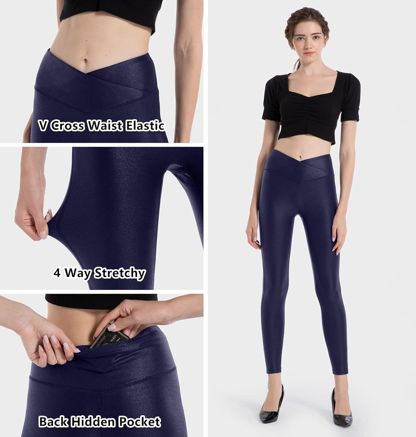 imageHARTPOR Womens Faux Leather Leggings Stretch High Waisted Shiny Leggings Leather Pants Pleather Leggings Yoga PantsV Cross Waistnavy