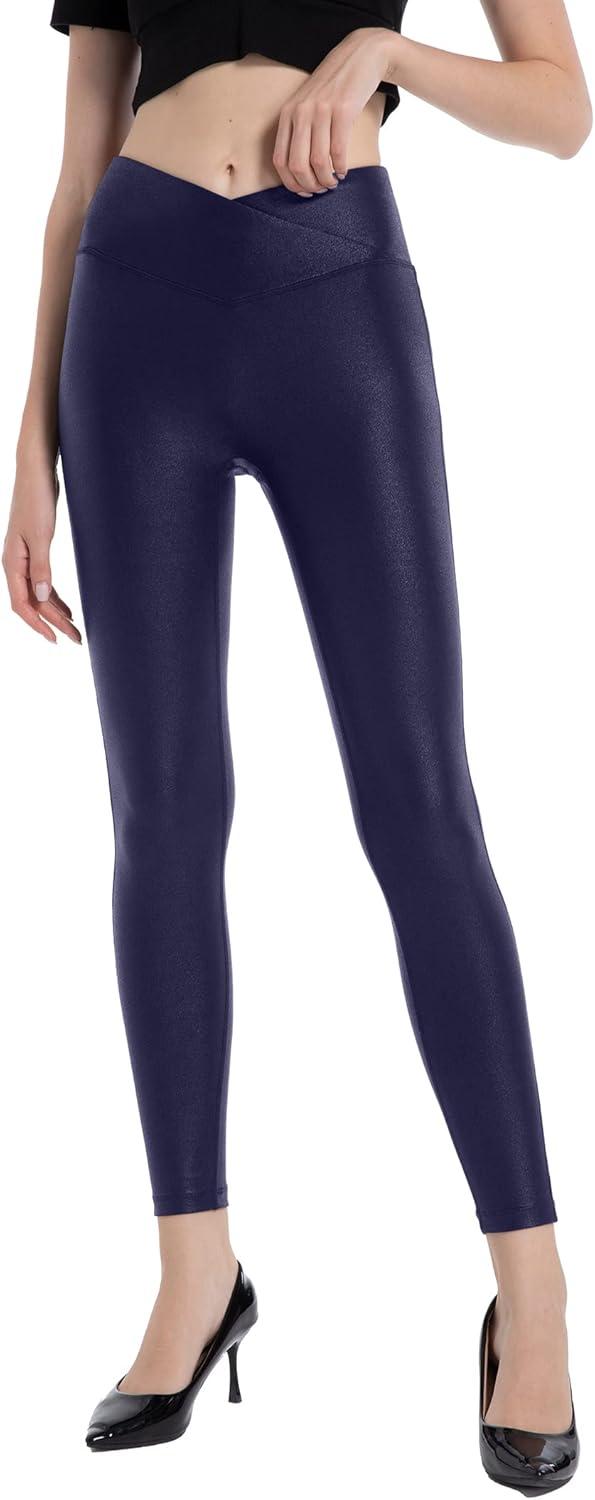 imageHARTPOR Womens Faux Leather Leggings Stretch High Waisted Shiny Leggings Leather Pants Pleather Leggings Yoga PantsV Cross Waistnavy