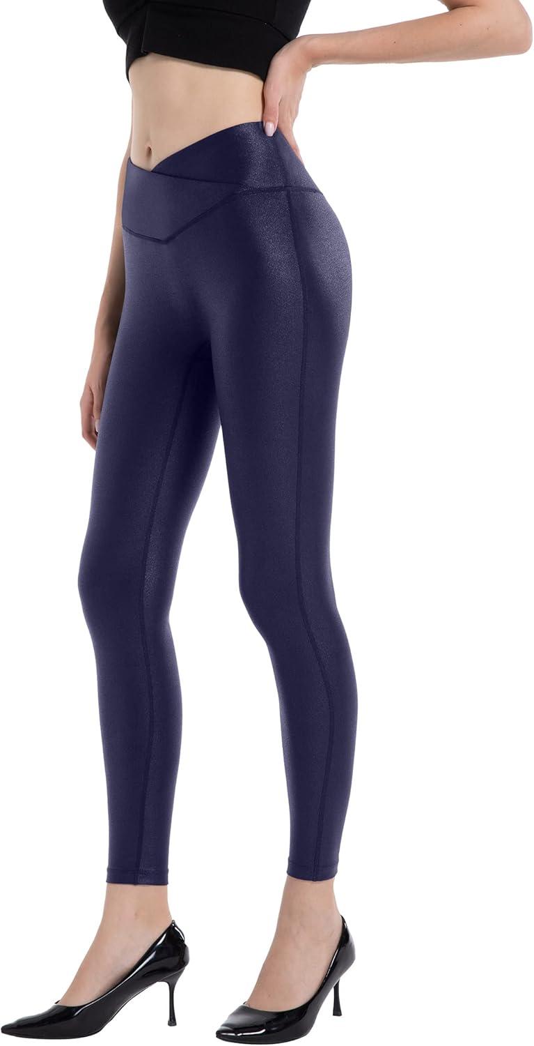 imageHARTPOR Womens Faux Leather Leggings Stretch High Waisted Shiny Leggings Leather Pants Pleather Leggings Yoga PantsV Cross Waistnavy
