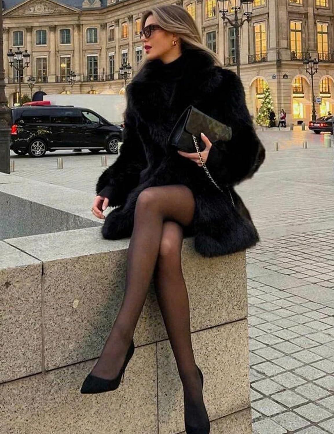 imageKissonic Womens Long Faux Fur Coat Lapel Shaggy Winter Jacket Luxury Warm Furry Open Front OuterwearBlack