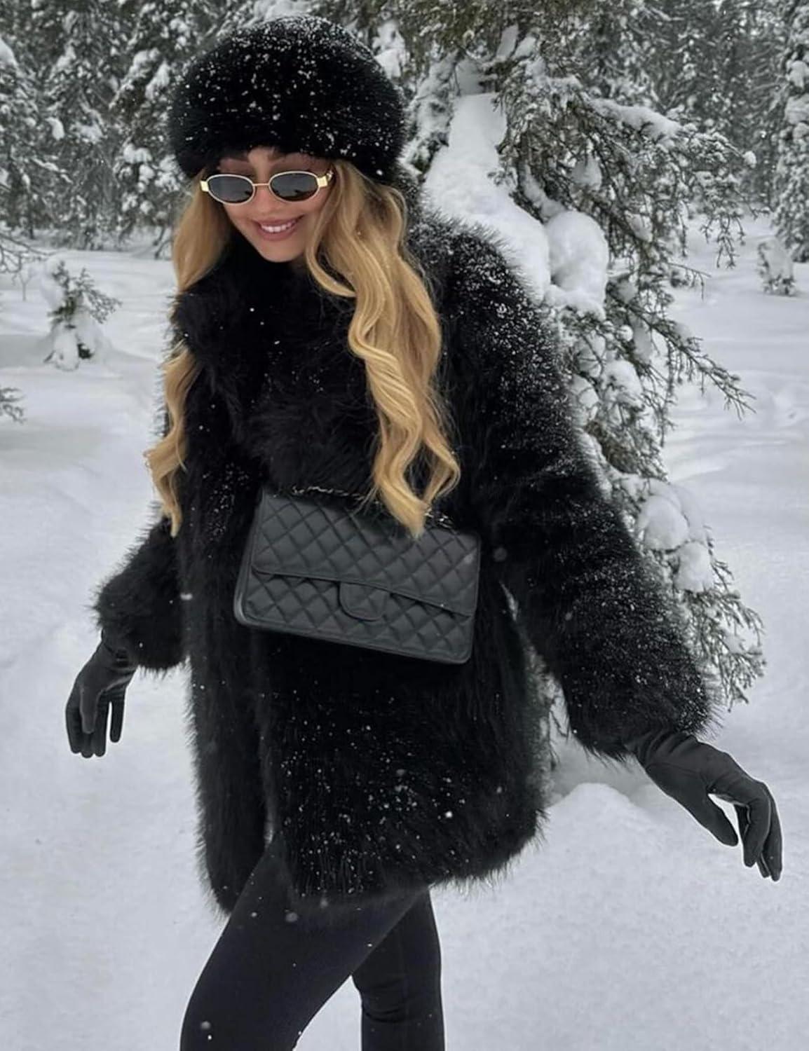 imageKissonic Womens Long Faux Fur Coat Lapel Shaggy Winter Jacket Luxury Warm Furry Open Front OuterwearBlack