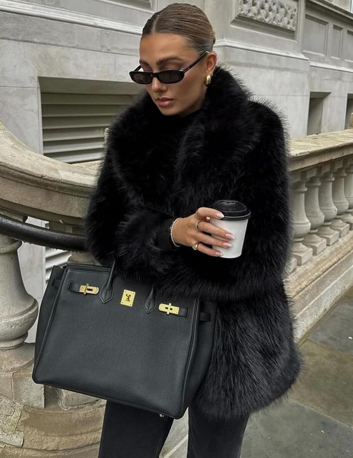 imageKissonic Womens Long Faux Fur Coat Lapel Shaggy Winter Jacket Luxury Warm Furry Open Front OuterwearBlack