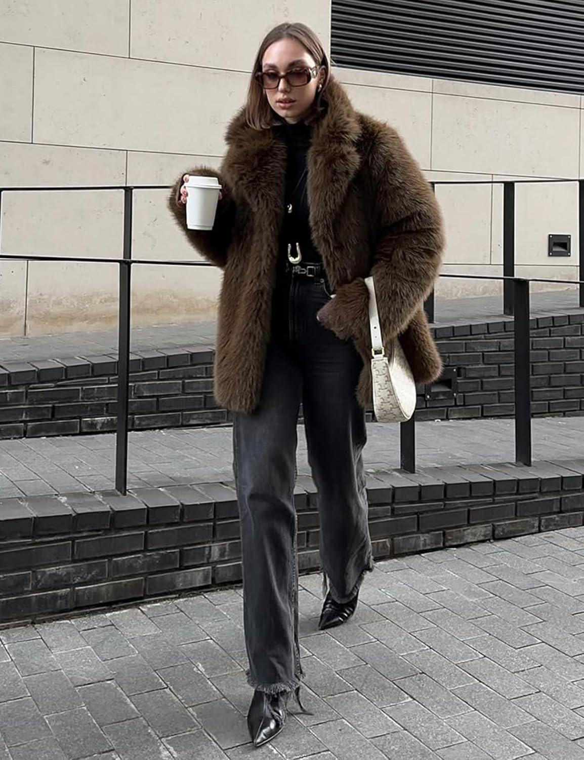 imageKissonic Womens Long Faux Fur Coat Lapel Shaggy Winter Jacket Luxury Warm Furry Open Front OuterwearBrown