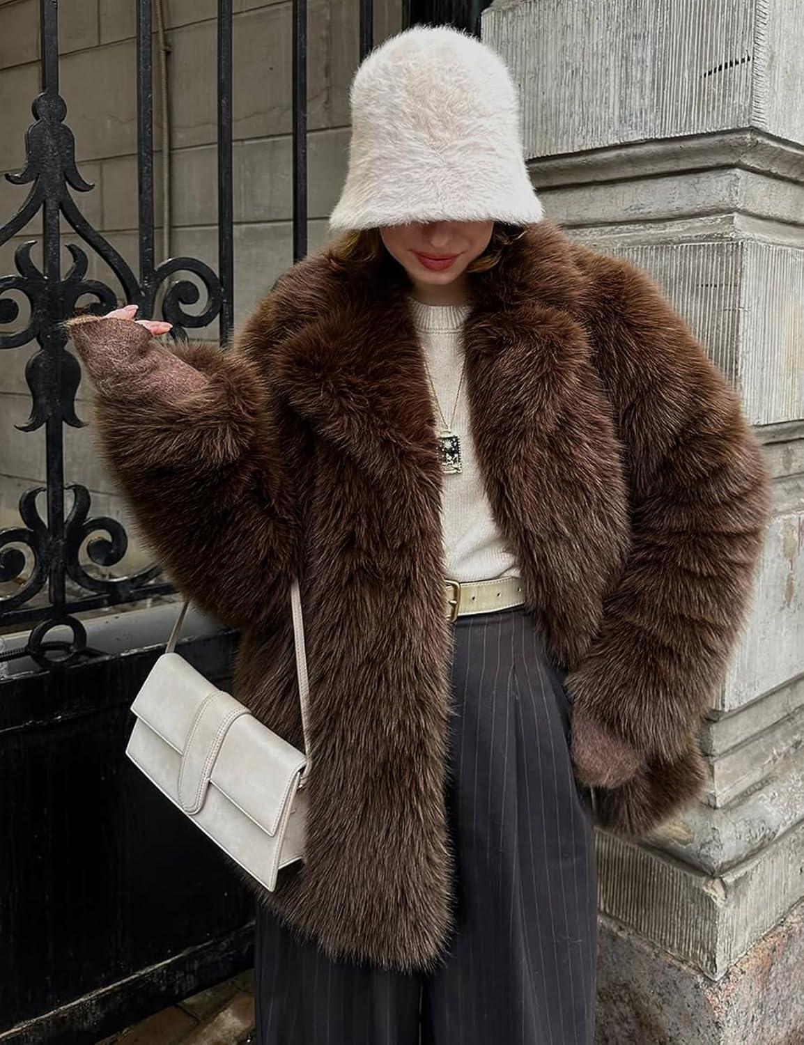 imageKissonic Womens Long Faux Fur Coat Lapel Shaggy Winter Jacket Luxury Warm Furry Open Front OuterwearBrown