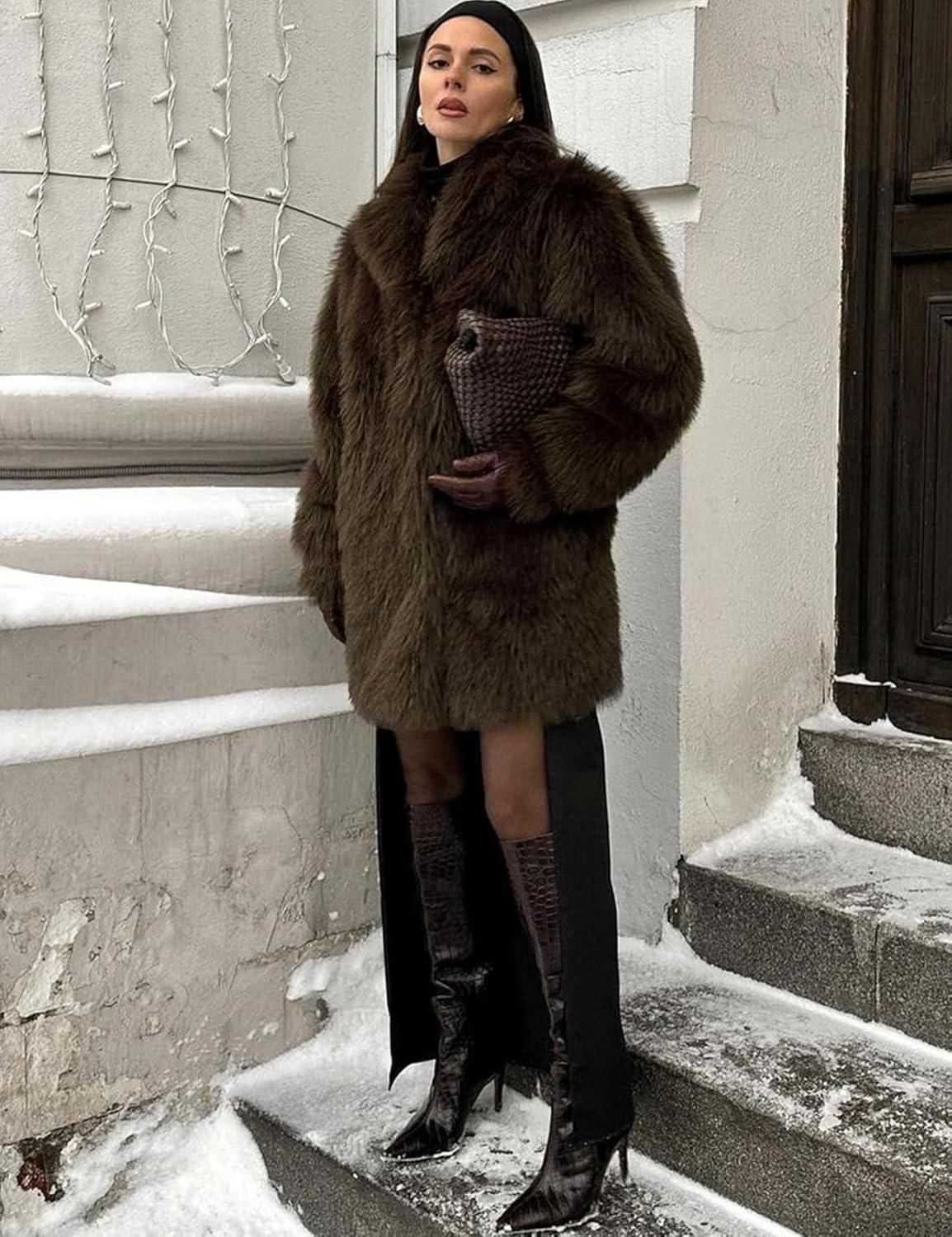 imageKissonic Womens Long Faux Fur Coat Lapel Shaggy Winter Jacket Luxury Warm Furry Open Front OuterwearBrown