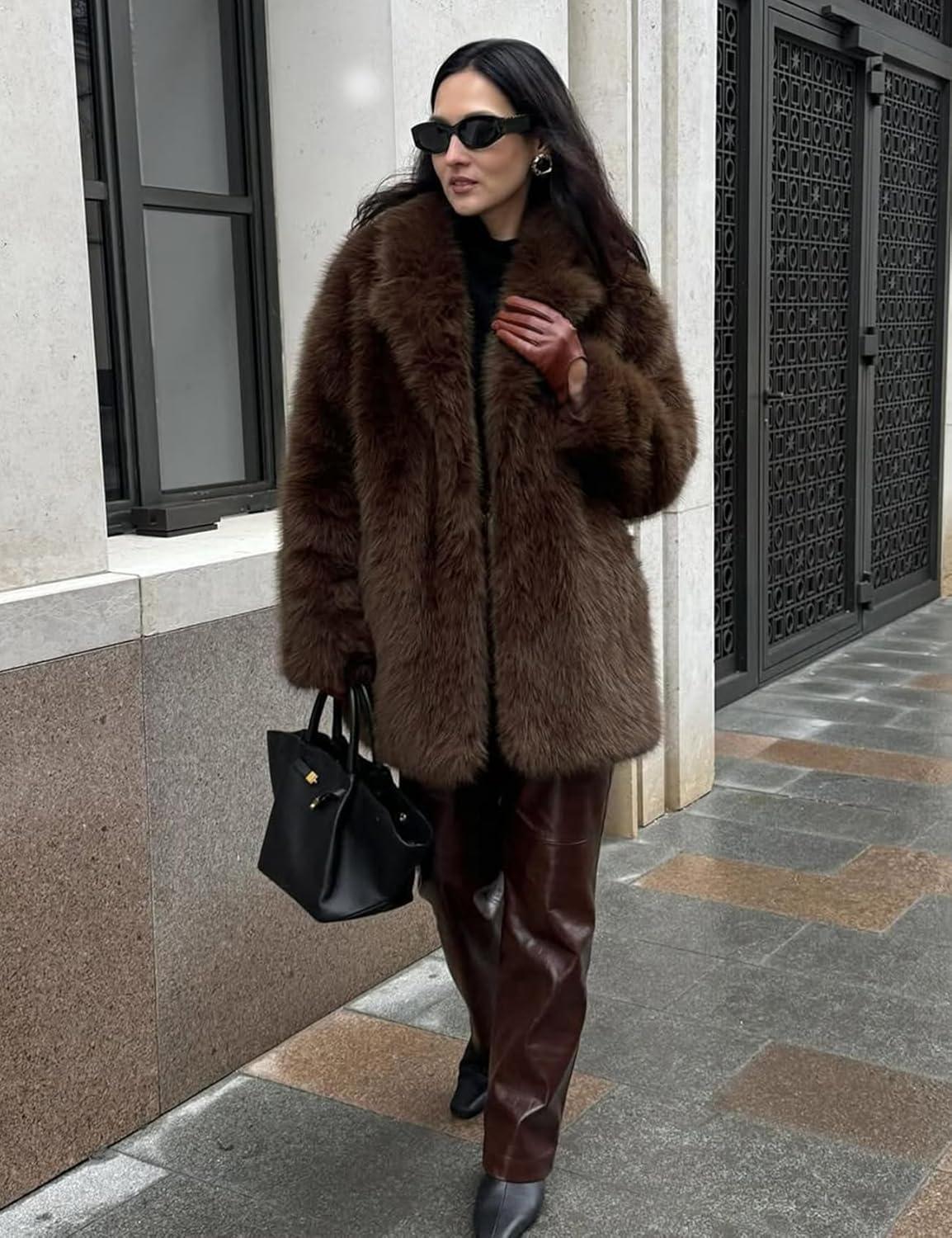 imageKissonic Womens Long Faux Fur Coat Lapel Shaggy Winter Jacket Luxury Warm Furry Open Front OuterwearBrown