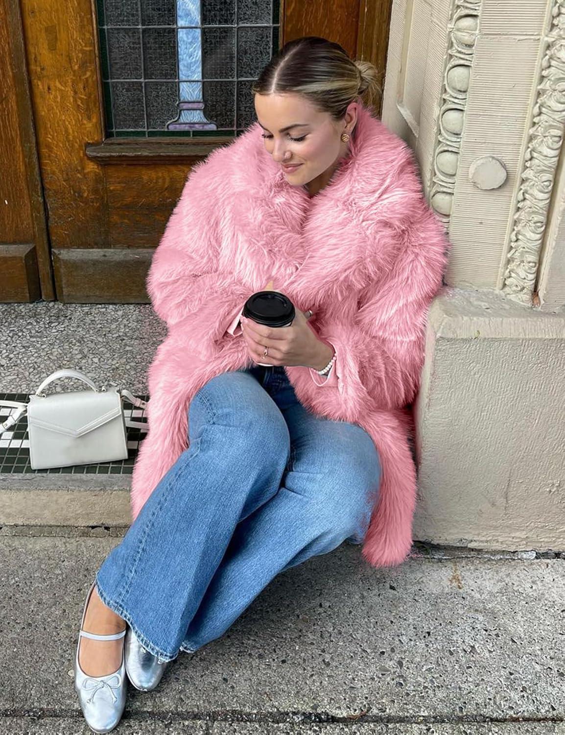 imageKissonic Womens Long Faux Fur Coat Lapel Shaggy Winter Jacket Luxury Warm Furry Open Front OuterwearPink