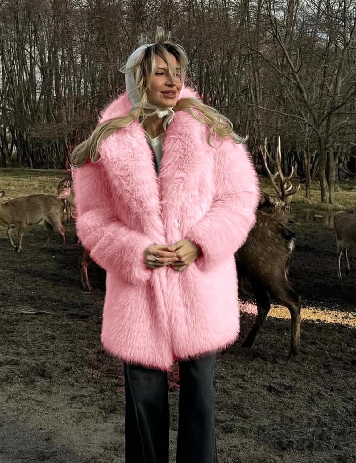 imageKissonic Womens Long Faux Fur Coat Lapel Shaggy Winter Jacket Luxury Warm Furry Open Front OuterwearPink