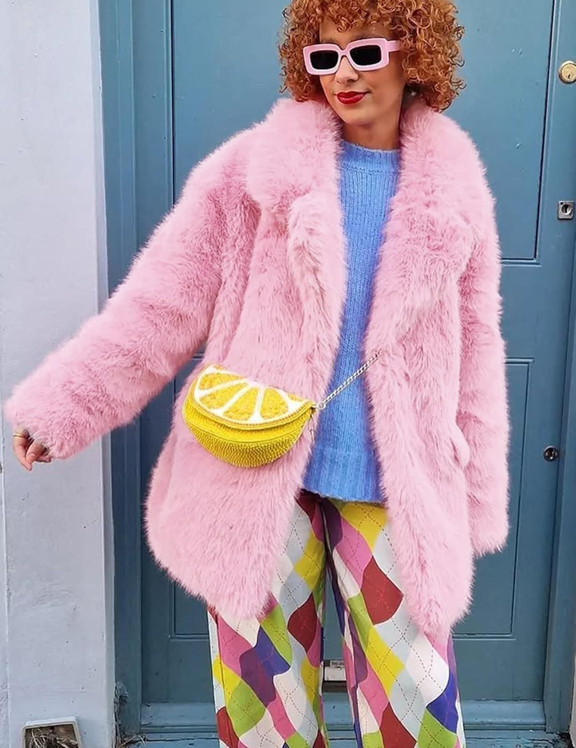 imageKissonic Womens Long Faux Fur Coat Lapel Shaggy Winter Jacket Luxury Warm Furry Open Front OuterwearPink