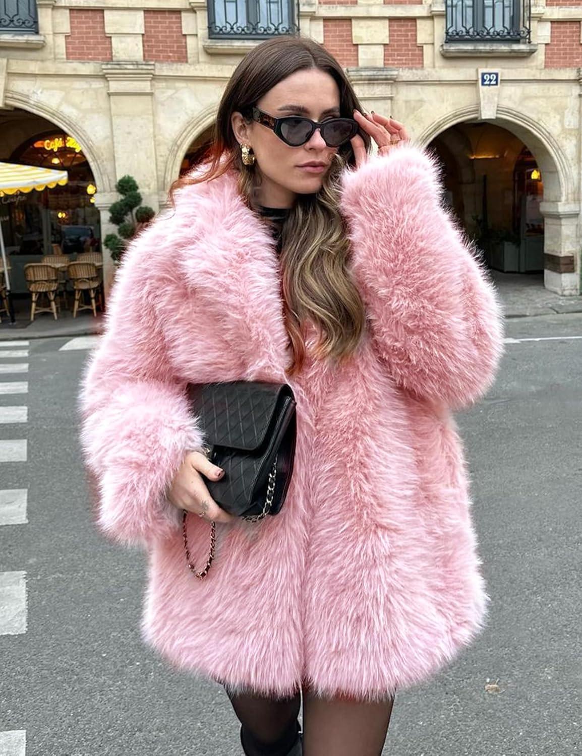 imageKissonic Womens Long Faux Fur Coat Lapel Shaggy Winter Jacket Luxury Warm Furry Open Front OuterwearPink
