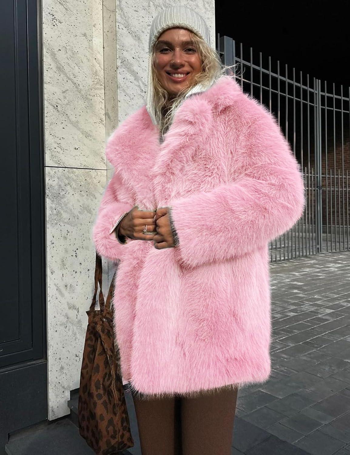 imageKissonic Womens Long Faux Fur Coat Lapel Shaggy Winter Jacket Luxury Warm Furry Open Front OuterwearPink