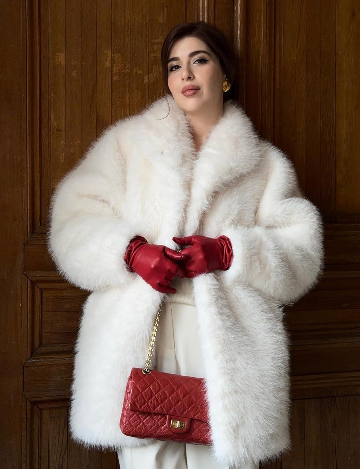 imageKissonic Womens Long Faux Fur Coat Lapel Shaggy Winter Jacket Luxury Warm Furry Open Front OuterwearWhite
