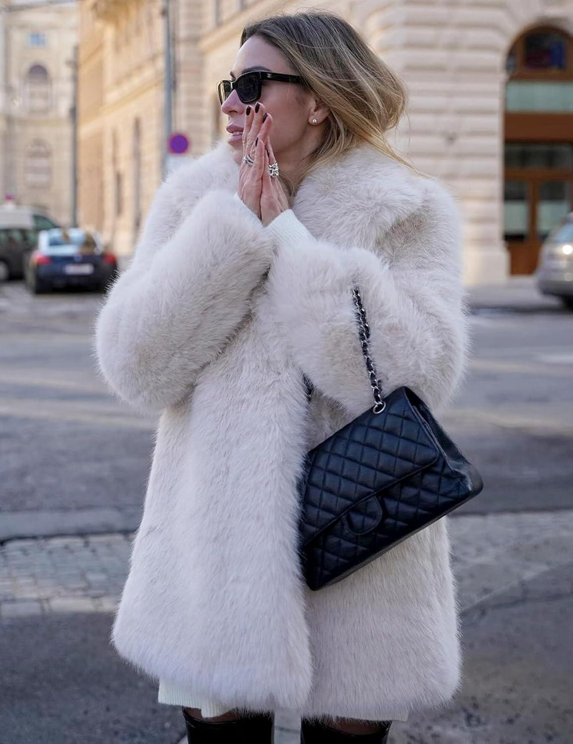 imageKissonic Womens Long Faux Fur Coat Lapel Shaggy Winter Jacket Luxury Warm Furry Open Front OuterwearWhite