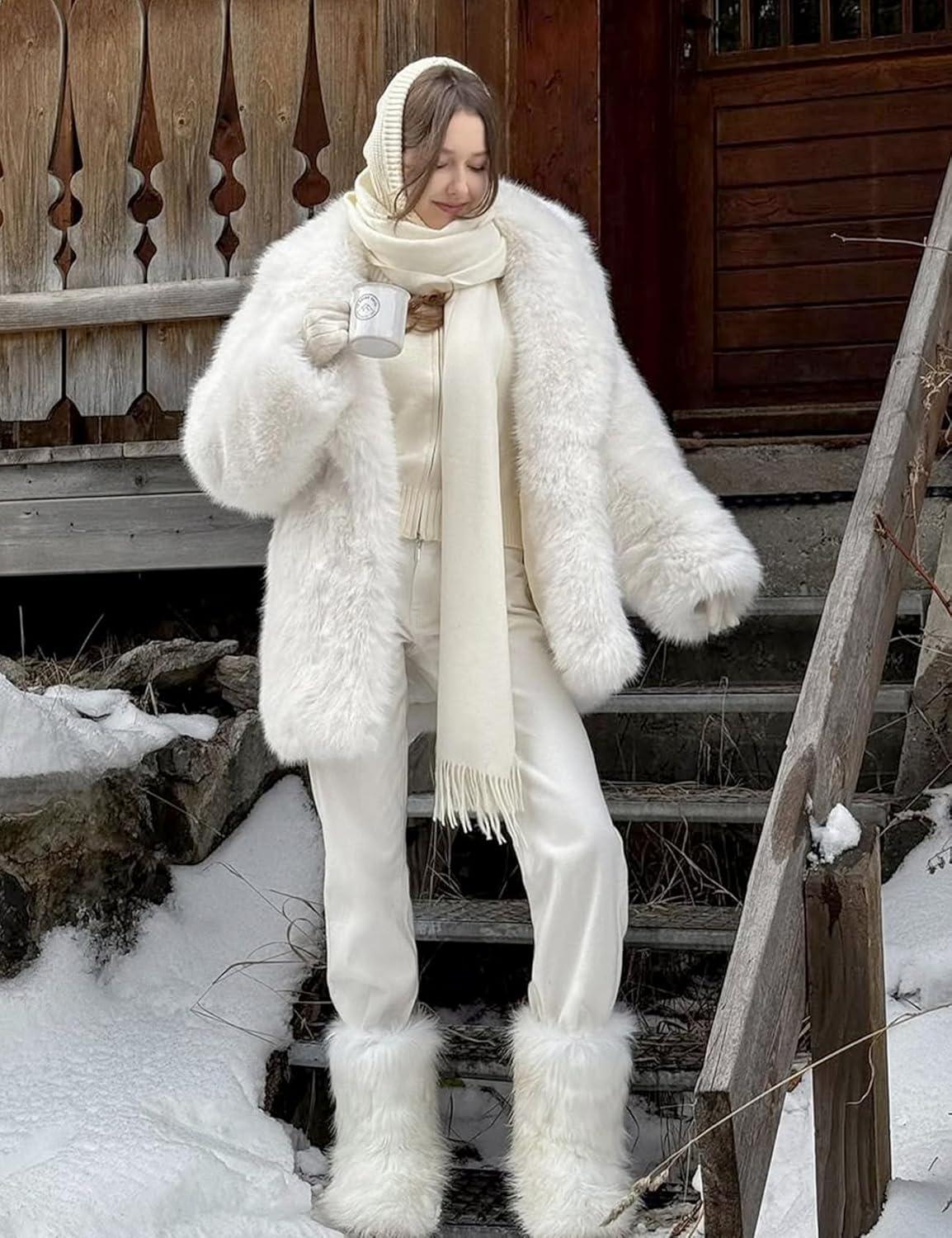 imageKissonic Womens Long Faux Fur Coat Lapel Shaggy Winter Jacket Luxury Warm Furry Open Front OuterwearWhite