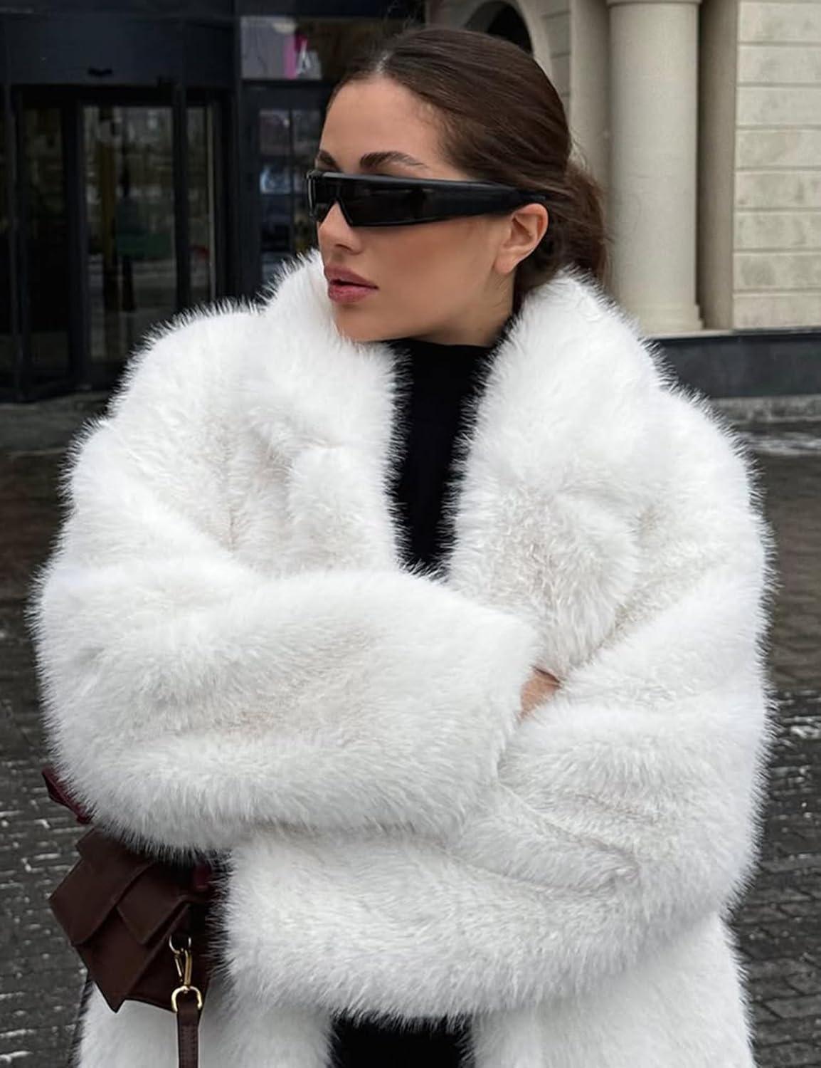 imageKissonic Womens Long Faux Fur Coat Lapel Shaggy Winter Jacket Luxury Warm Furry Open Front OuterwearWhite
