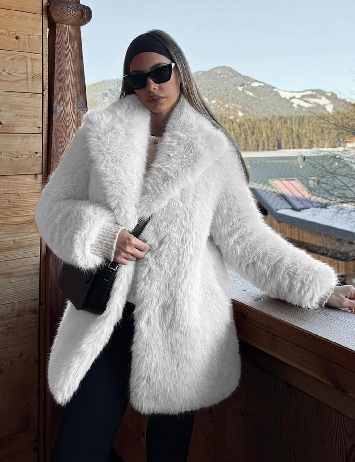 imageKissonic Womens Long Faux Fur Coat Lapel Shaggy Winter Jacket Luxury Warm Furry Open Front OuterwearWhite